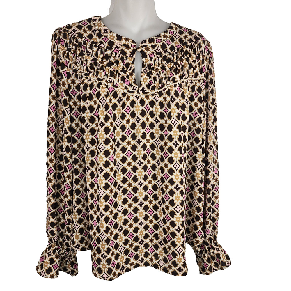 Ann Taylor LOFT Womens Top Medium Ruched Yoke Ruffle Cuff Multicolor Geometric